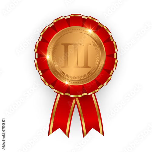 Bronze medal with red ribbon. Round bronze medal 3D with red ribbon folds. Insignia, achievement award. Vector illustration.