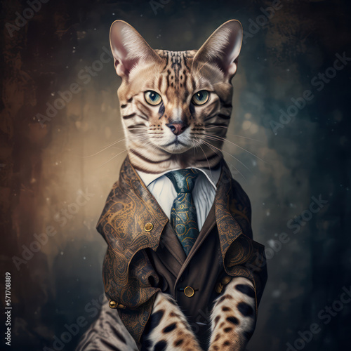portrait of a Bengal cat wearing suit outfit, generative ai, abstract elegant business
