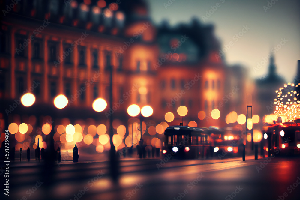 Defocused european city illustration. Modern city cityscape. Empty road with lights and buildings. Blurred background