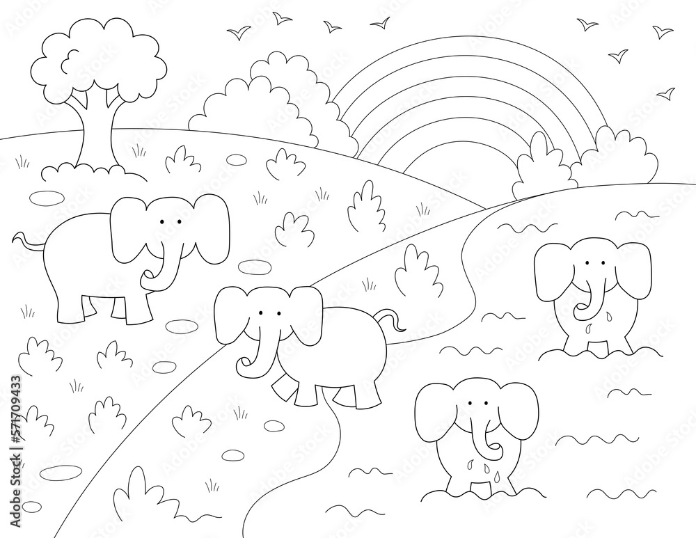 animals coloring page. design with elephants and a rainbow that you can print on 8.5x11 inch ...