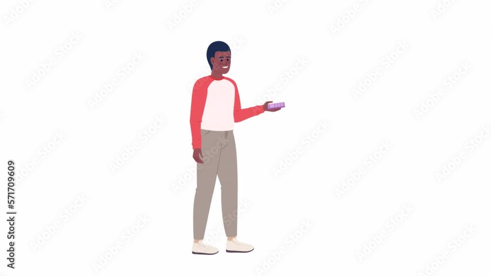Animated guy clicking remote control. Managing devices. Student showing presentation. Flat character animation on white background with alpha channel transparency. Color cartoon style 4K video footage Animated guy clicking remote control. Managing devices. Student showing presentation. Flat character animation on white background with alpha channel transparency. Color cartoon style 4K video footage