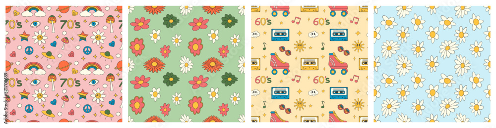 Set of retro 70s and 60s psychedelic seamless patterns, groovy hippie backgrounds. Cartoon funky print with flowers and mushrooms, hippy pattern. Vector illustration.