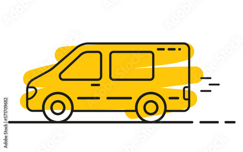Delivery van. Transport linear style icon. Minibus outline vector on yellow
