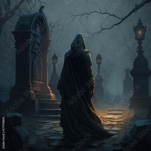 mysterious cloaked figure wandering a cursed graveyard, fantasy art, AI generation.