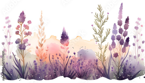 Generative AI, watercolor landscape with lavender field