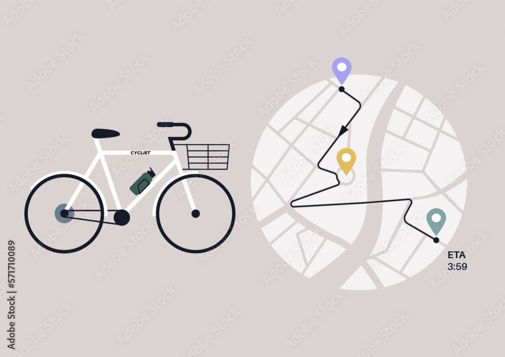 Urban map indicating a bike route with stops and estimated time arrival Urban map indicating a bike route with stops and estimated time arrival