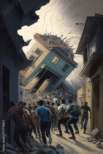 a tense situation as people flee from an earthquake. The ground is shaking, houses are being destroyed, as are other buildings, and people are trying to escape, ai art illustration 