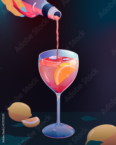 Hand pouring a drink into a glass with a lemon slice