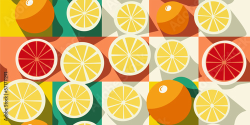 Volumetric citrus slices image with slices, bright pattern. Citrus, geometry, retro, grapefruit, checkerboard pattern. Flat vector style.