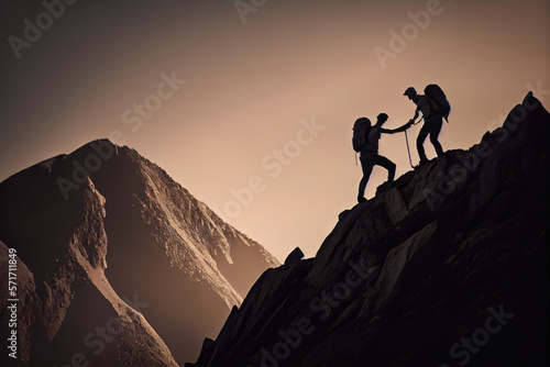 Hikers climbing on mountain, generative ai © GHart