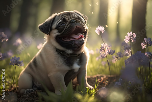A Majestic, Cute, Funny Pug Puppy at the Woods Illustration, AI Generative