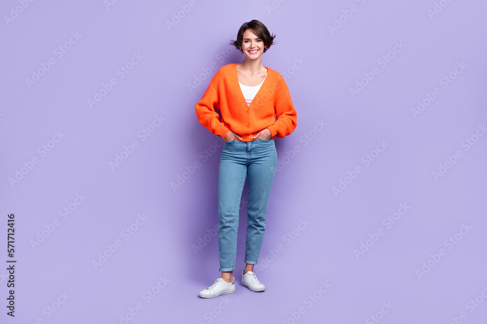Full body length photo of positive satisfied stylish wearing attractive woman hands pockets denim advertisement isolated on violet color background Full body length photo of positive satisfied stylish wearing attractive woman hands pockets denim advertisement isolated on violet color background