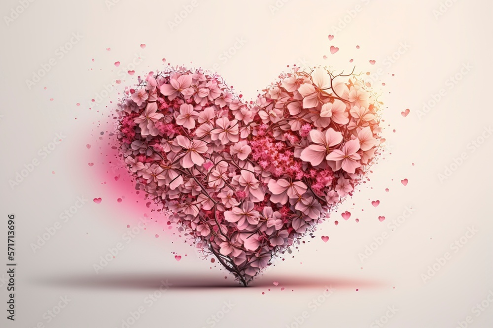 Postcard with a heart made of pink flowers. Valentine's day, mother's day, international women's day. The 14th of February. Generative art. Spring style.