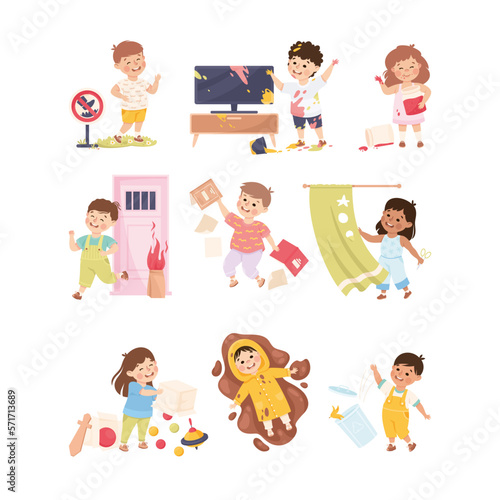 Little Mischievous Kids with Bad Behavior Making Mess and Chaos Vector Set