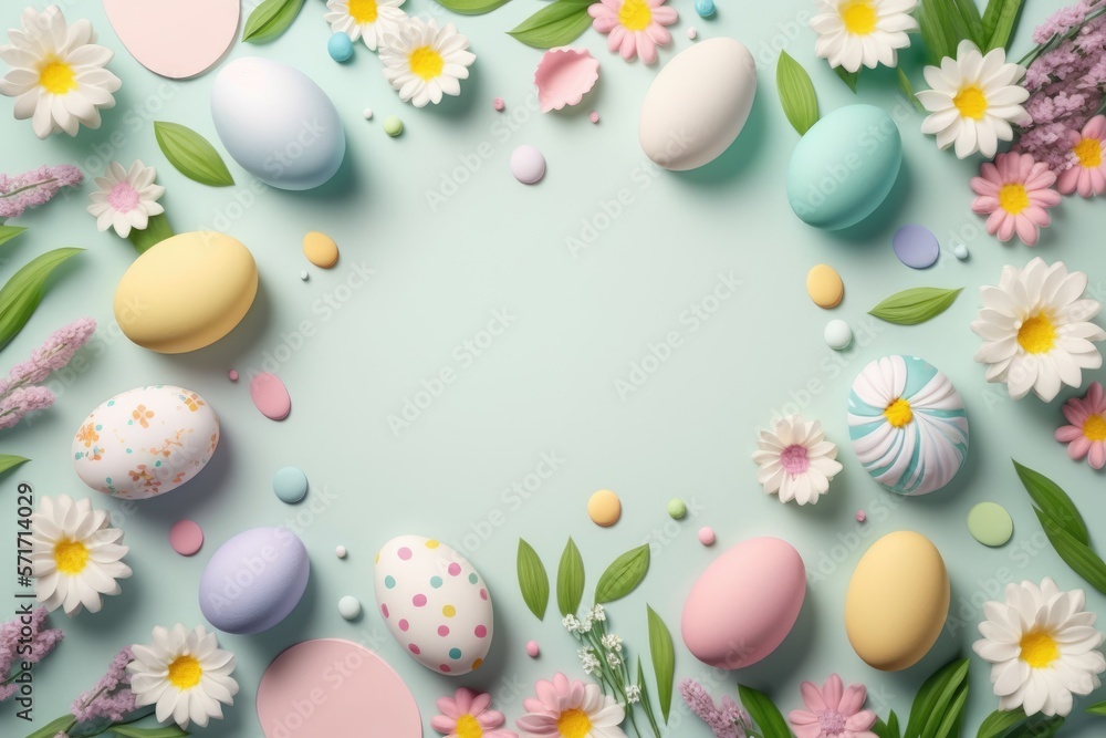 Flat lay Easter background with colorful eggs and flowers with copy space