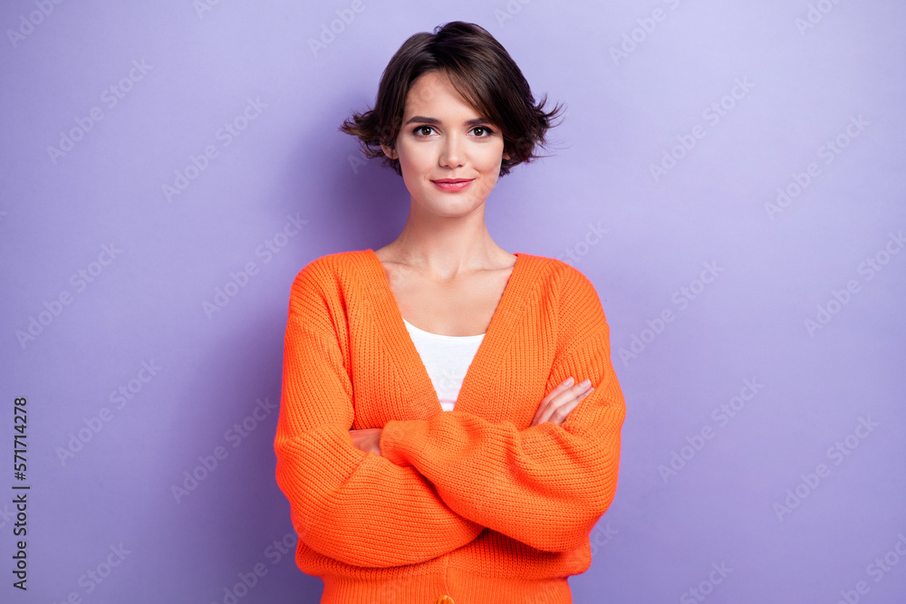 Fototapeta premium Photo of adorable lovely lady wear orange bright stylish clothes two arm crossed isolated on purple color background