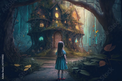 Fantastic house in the forest and a little girl looking at it © PixelHub