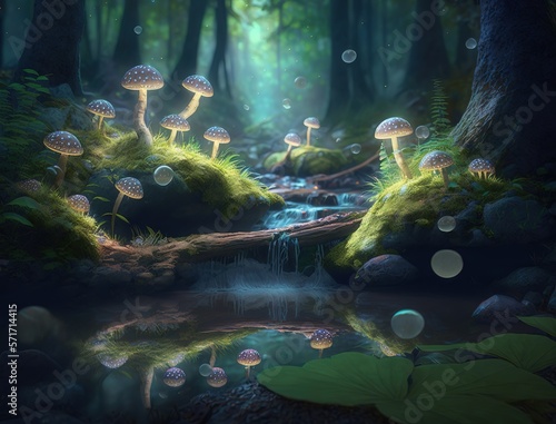 Fantasy forest environment with mushrooms, flowers, trees