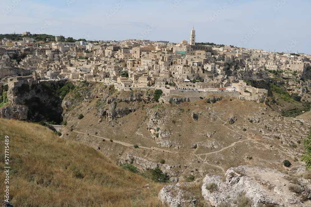 View to old town of Matera and Gravina di Matera, Italy