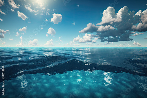 Turquoise blue ocean seascape, blue sky and big cotton clouds. Generative AI