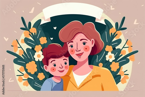Mother and son on floral background illustration for mother s day with copy space. Generative ai