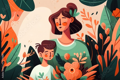 Mother and son on floral background illustration for mother's day with copy space. Generative ai