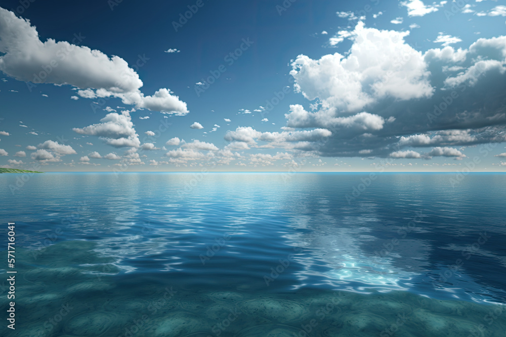 Fototapeta premium Turquoise blue ocean seascape, blue sky and big cotton clouds. Generative AI