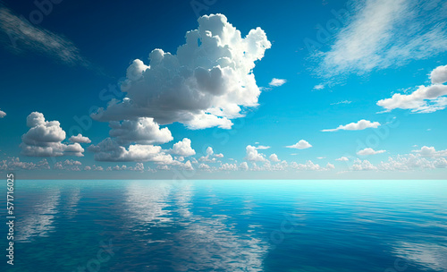 Turquoise blue ocean seascape, blue sky and big cotton clouds. Generative AI
