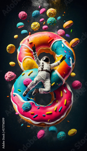 Astronaut floating in strange dimension on colorful donuts