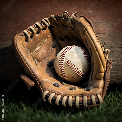 A close-up of a baseball glove tightly grasping a white ball, perfect for posters, flyers, and other sports-related visuals