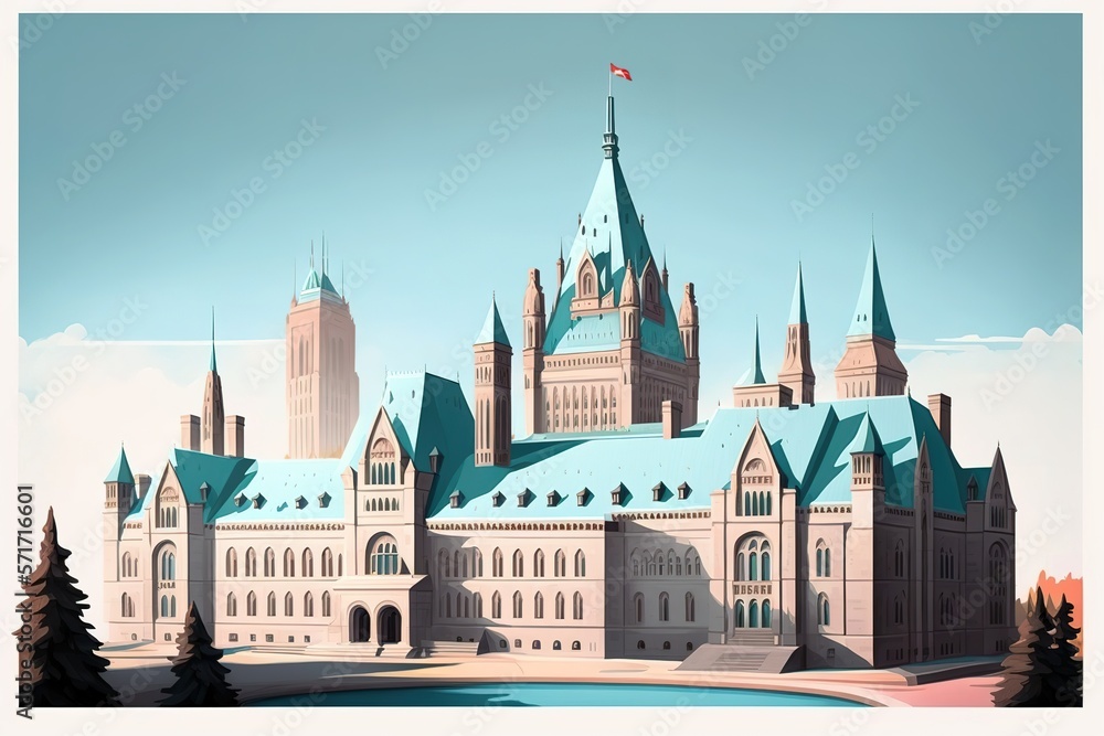 Illustration of Parliament buildings in Canada. Travel destination, famous place concept. Generative AI Illustration