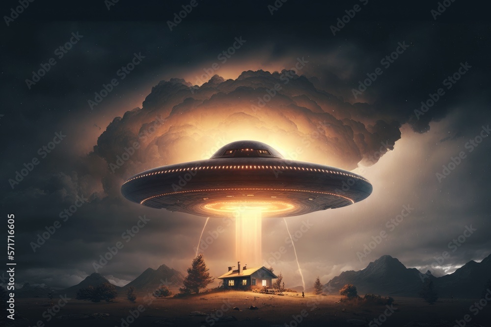 Aliens spaceship illustration. UFO with light beam. generative ai Aliens spaceship illustration. UFO with light beam. generative ai