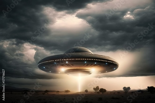 Aliens spaceship illustration. UFO with light beam. generative ai 