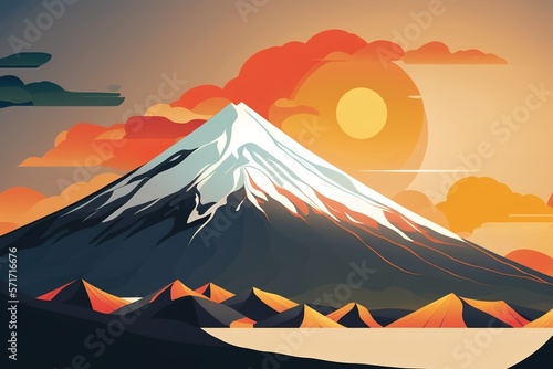 Illustration of Mount Fuji in Japan at sunset. Generative AI Illustration
