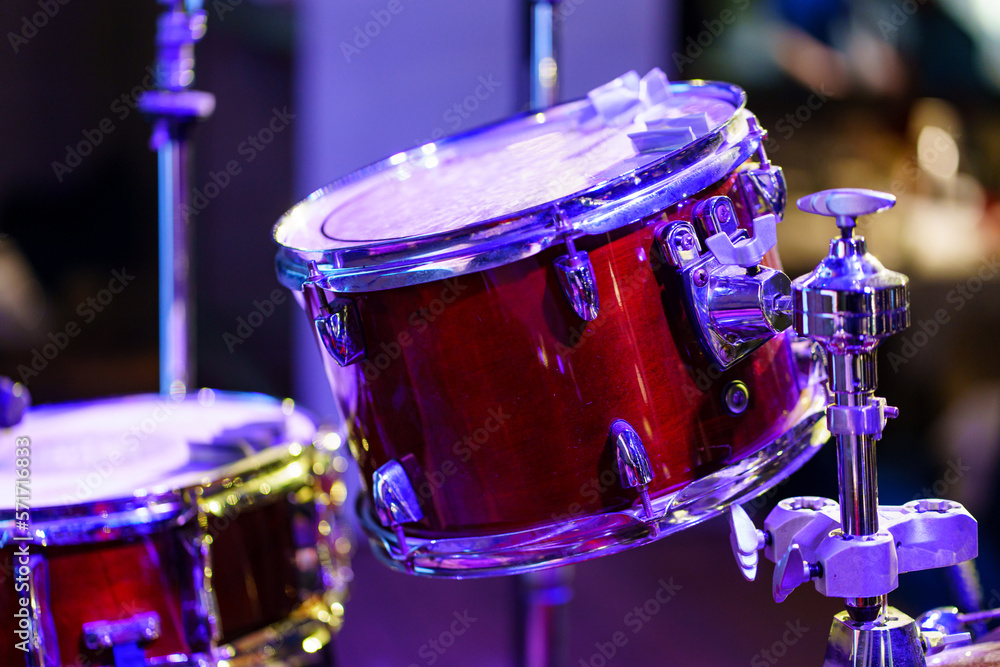 Obraz premium drum kit. set of drums, cymbals and other percussion instruments on stage
