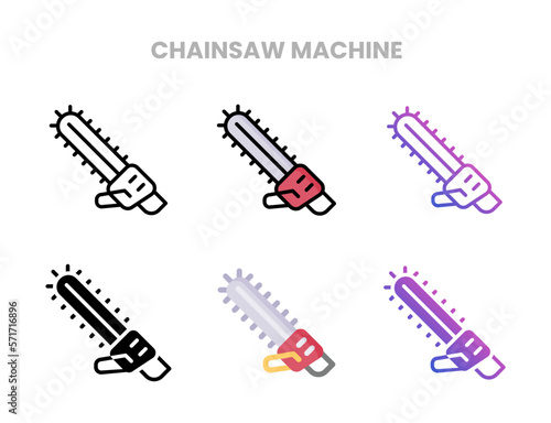 Chainsaw machine icons vector illustration set line, flat, glyph, outline color gradient. Great for web, app, presentation and more. Editable stroke and pixel perfect.