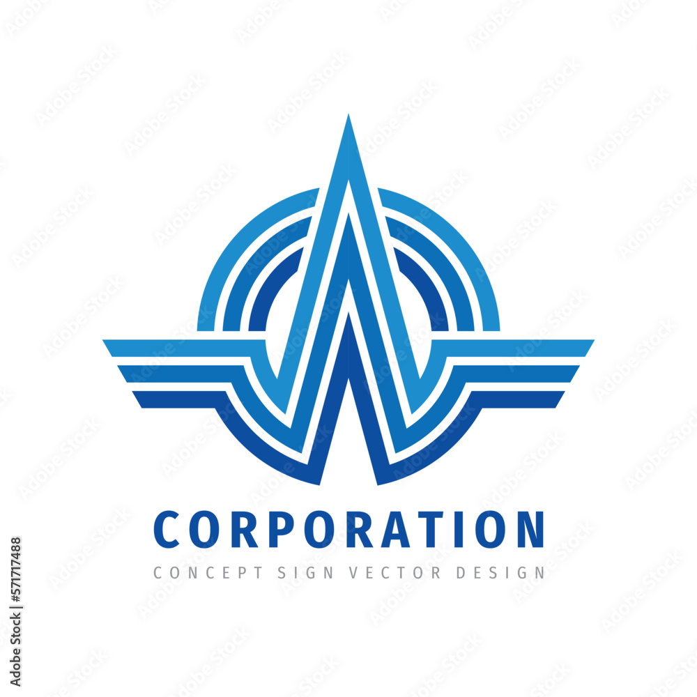 Obraz premium Wings - business logo template creative illustration. Transport abstract vector logo sign. Circle and stripes design element. Corporation development success dynamic progress brand logo.
