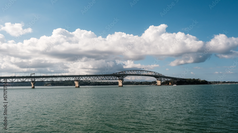 The Auckland Harbour Bridge, an eight-lane motorway bridge joining St Marys Bay and Northcote over Waitemata Harbour in New Zealand
