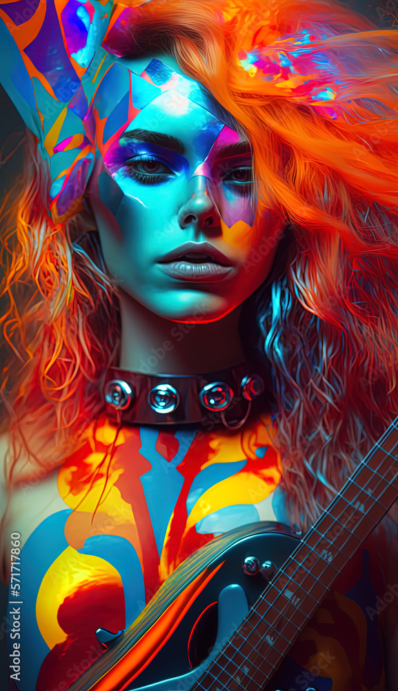Fototapeta premium Musician with studded collar, orange hair and rainbow lighting with a guitar. Generative Ai 