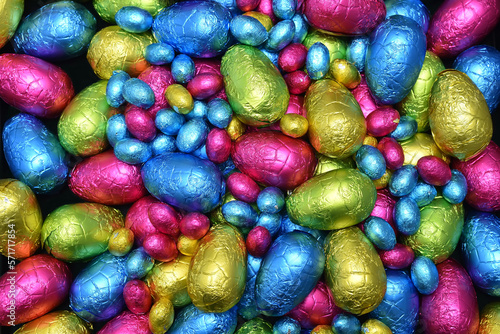 Pile or group of multi colored and different sizes of colourful foil wrapped chocolate easter eggs in pink, blue, yellow and lime green.