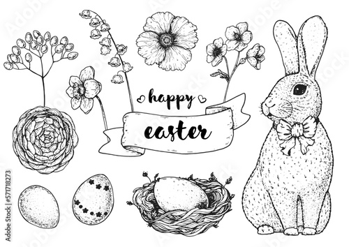 Easter vector illustration. Hand drawn sketches. Design elements. Hand drawn easter bunny, easter eggs, spring flowers, basket with eggs. Vintage engraved style.