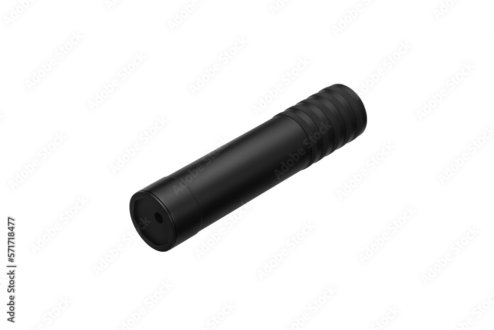 Black silencer for weapons. Suppressor that is at the end of an assault rifle. Isolate on a white back. Black silencer for weapons. Suppressor that is at the end of an assault rifle. Isolate on a white back.