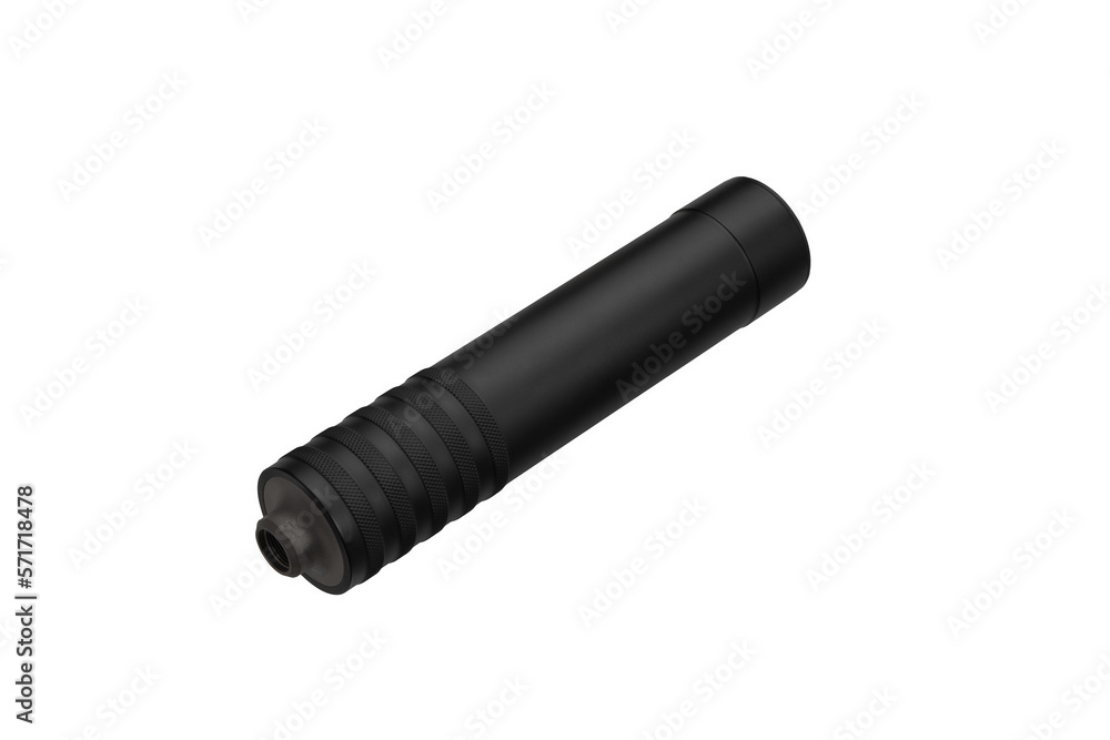 Black silencer for weapons. Suppressor that is at the end of an assault rifle. Isolate on a white back. Black silencer for weapons. Suppressor that is at the end of an assault rifle. Isolate on a white back.