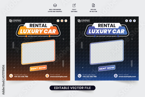 Car rental social media post vector with blue and orange colors on dark backgrounds. Car management and rental business promotional web banner vector. Rent a car service poster with photo placeholders