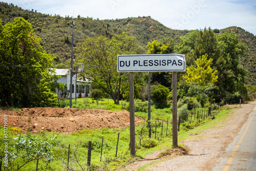 Western Cape, South Africa - December 23rd, 2022: A sign on the R327 road, between the towns of Herbertsdale and Mossel Bay, indicating the name of Du Plessis Pass.