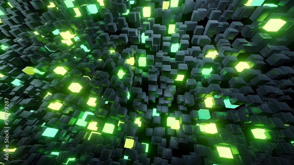 3d render. 3d abstract dark geometric bg with gray cubes flash with ...