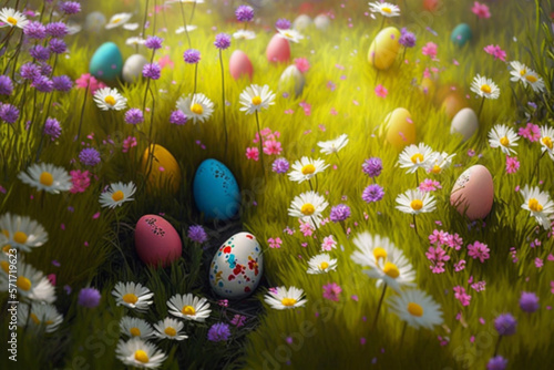 Painted Easter Eggs in a Flower field