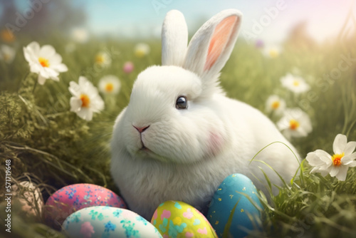 Cute Easter Bunny in a Field of Flowers with painted Easter eggs  © Loraine