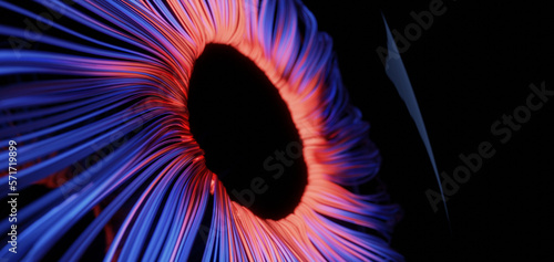 Close up illustration of stylized glowing blue and red iris