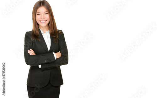 Asian business woman smiling happy portrait in black suit standing proud and confident with arms crossed isolated on white background. Young mixed race Asian Isolated transparent PNG